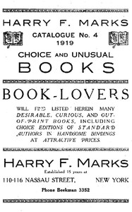 Harry F. Marks Catalogue No. 4, 1919 Choice and Unusual Books