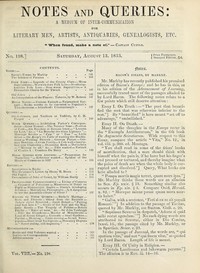 Notes and Queries, Number 198, August 13, 1853  A Medium of Inter-communication for Literary Men, Artists, Antiquaries, Geneologists, etc.